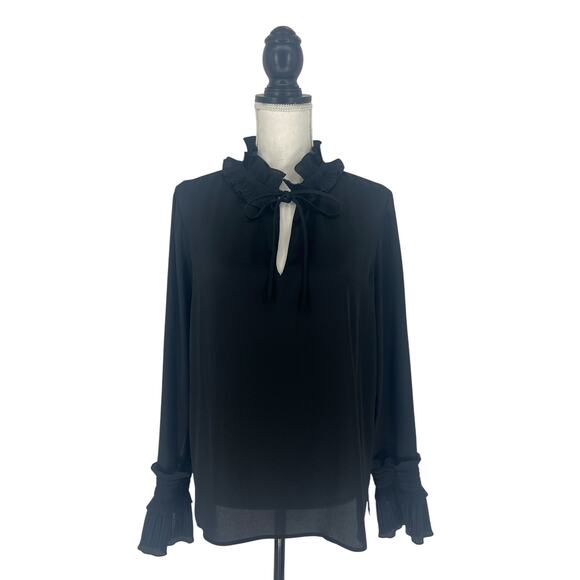 Lafayette 148 New York Black Ruffle Neck Long Sleeve Blouse Size Large - Picture 2 of 11